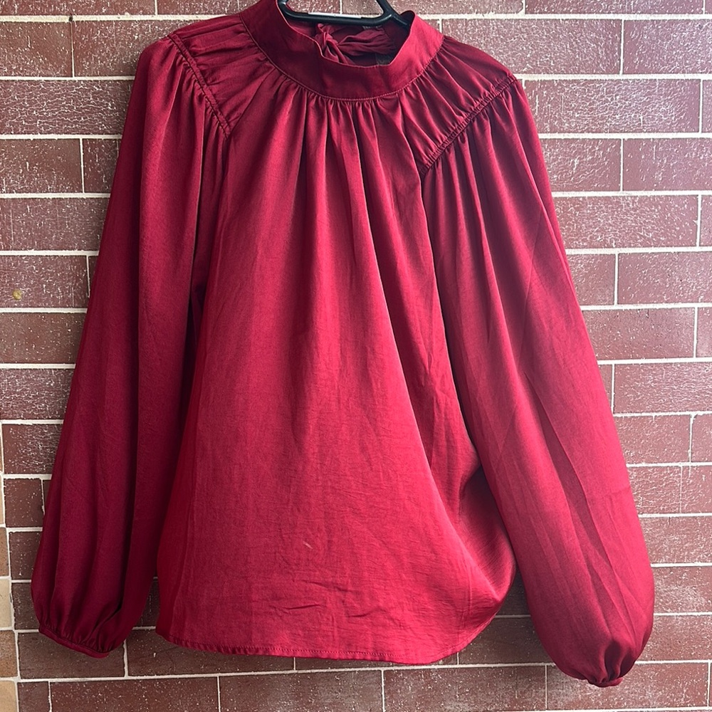 Banana Republic Red Ruched Blouse with Mandarin Collar